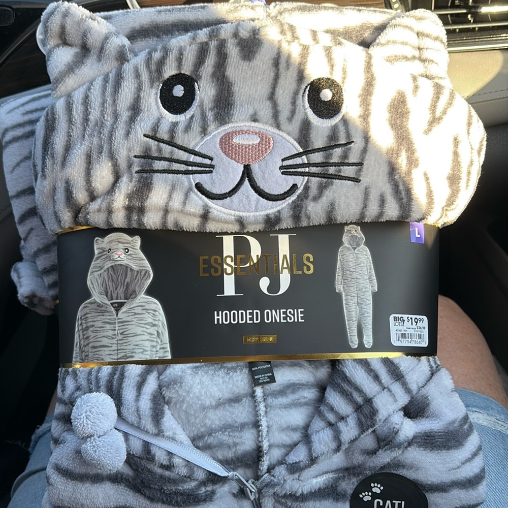 PJ Essentials grey cat hooded onesie pajamas new